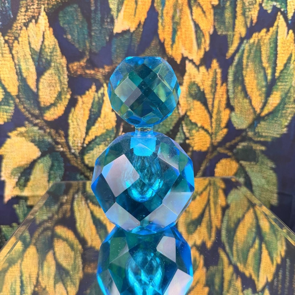 Vintage I.W. Rice Teal Blue Faceted Crystal Perfume Bottle  5 inch